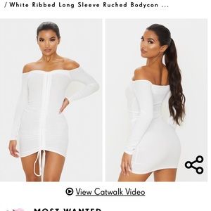 White ribbed long sleeve Bardot ruched dress